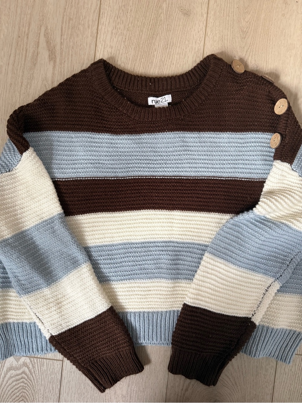 rue21 Brown, Light Blue & Cream Striped Crewneck Sweater